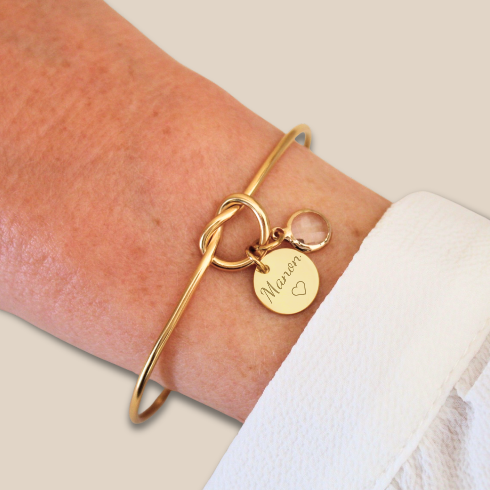 Bracelet Jonc ~ Jonc nœud personnalisé médaille à graver et pierre de naissance ~