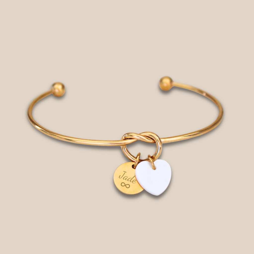 Bracelet Jonc ~ Jonc nœud personnalisé médaille à graver et cœur en nacre ~