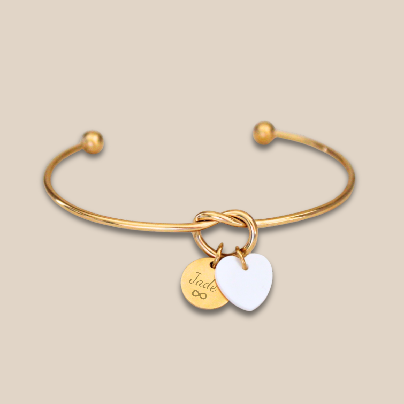 Bracelet Jonc ~ Jonc nœud personnalisé médaille à graver et cœur en nacre ~