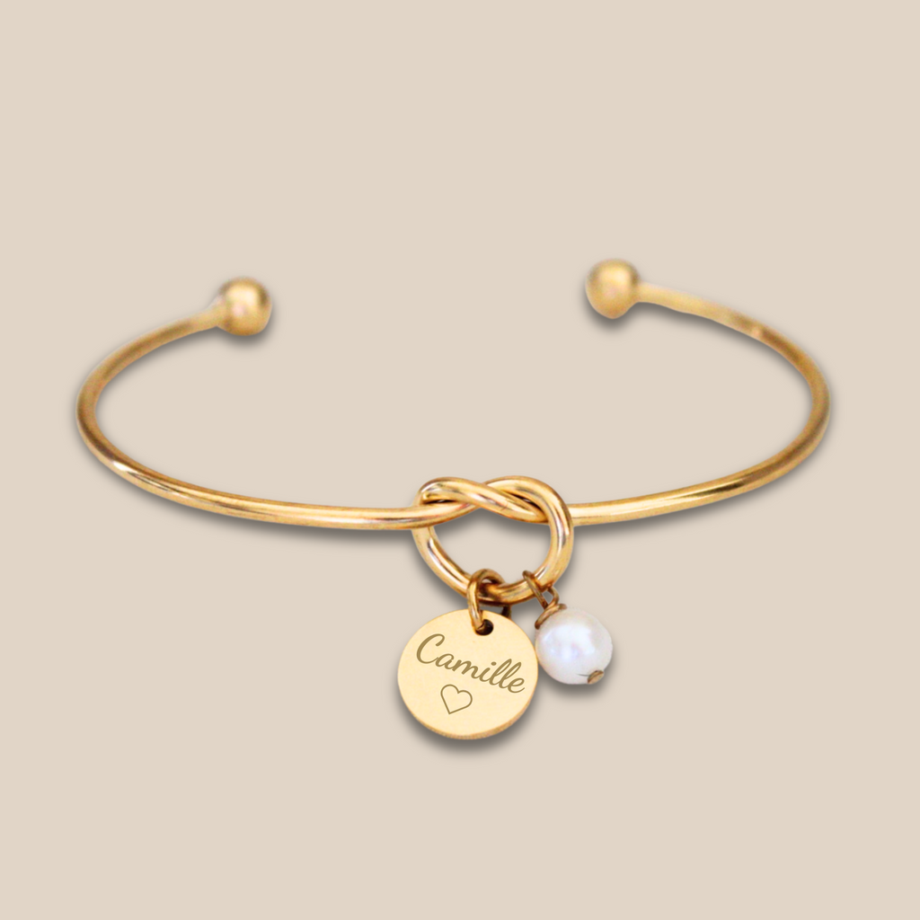 Bracelet Jonc ~ Jonc nœud personnalisé médaille à graver et perle ~