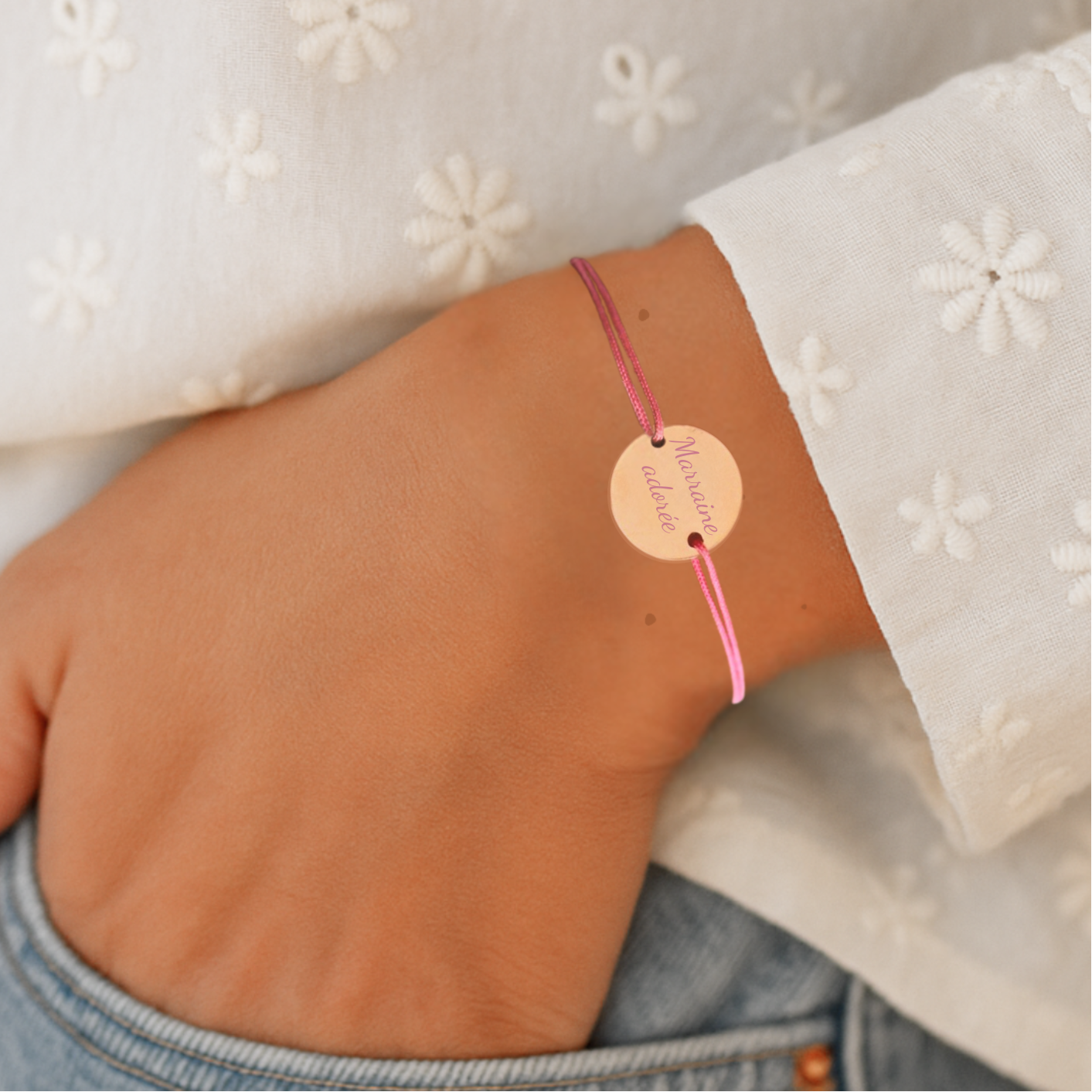 Bracelet Cordon personnalisé à graver ~ Médaille Rose
